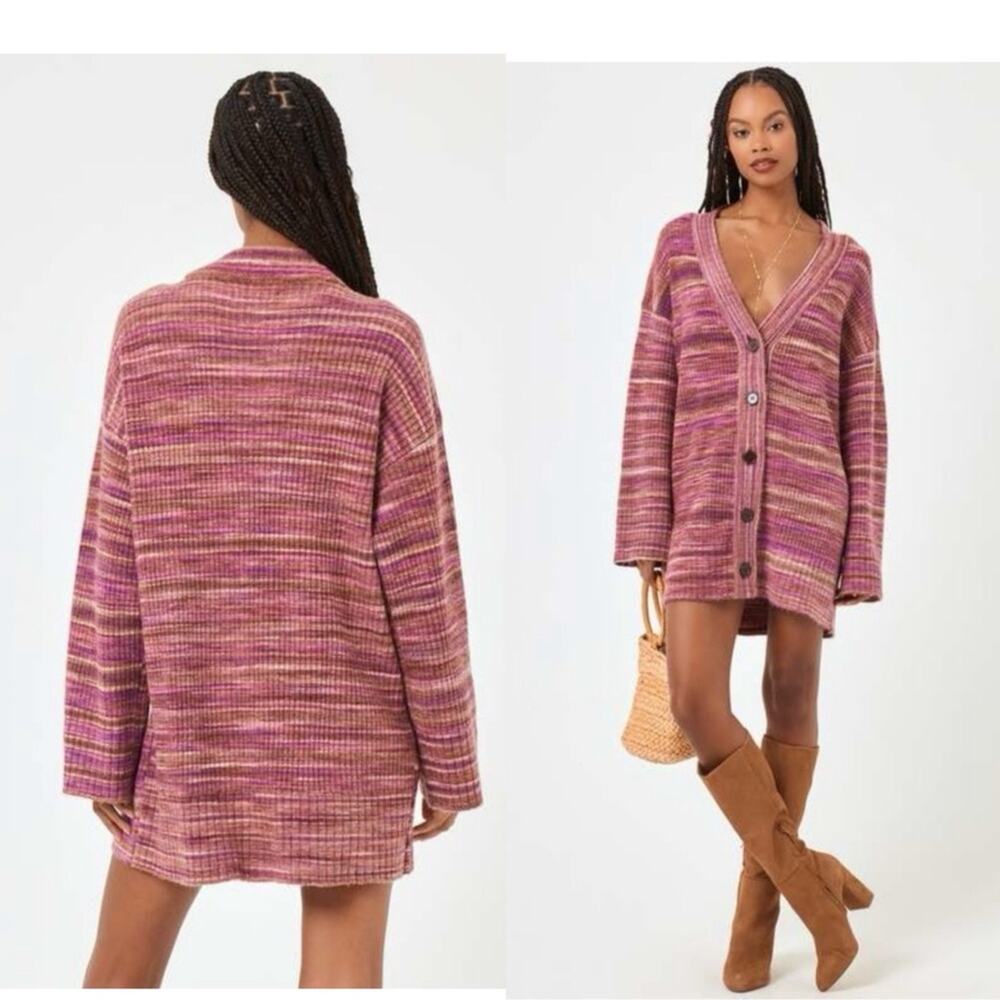L Space Striped Long Cardigan Pink Purple Open Knit Lounge‎ Sweater